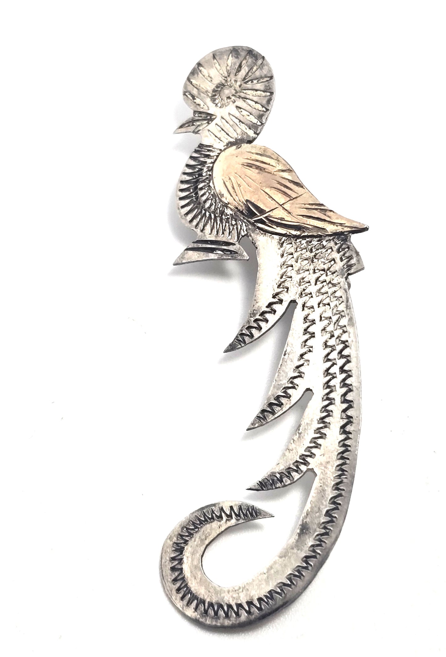 Quetzal Guatemala Bird etched vintage sterling silver two tone brooch