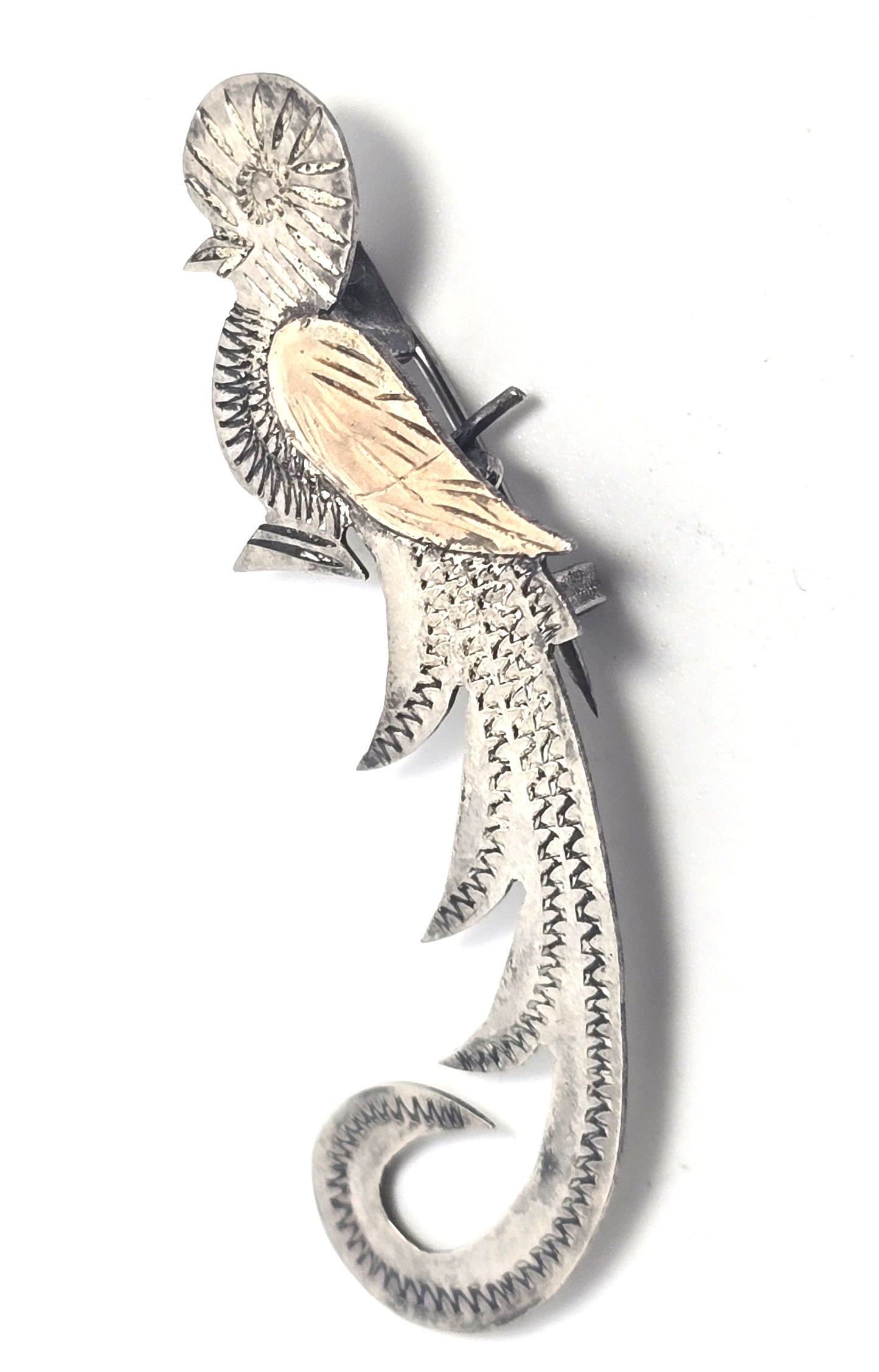 Quetzal Guatemala Bird etched vintage sterling silver two tone brooch