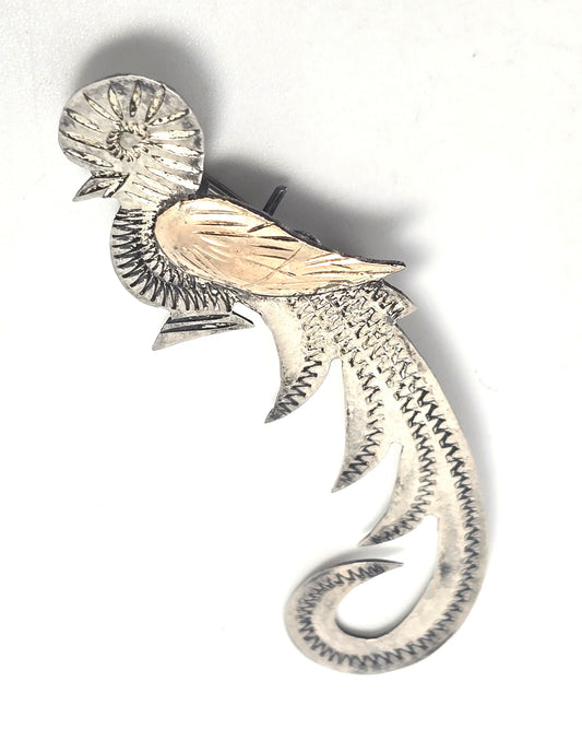 Quetzal Guatemala Bird etched vintage sterling silver two tone brooch