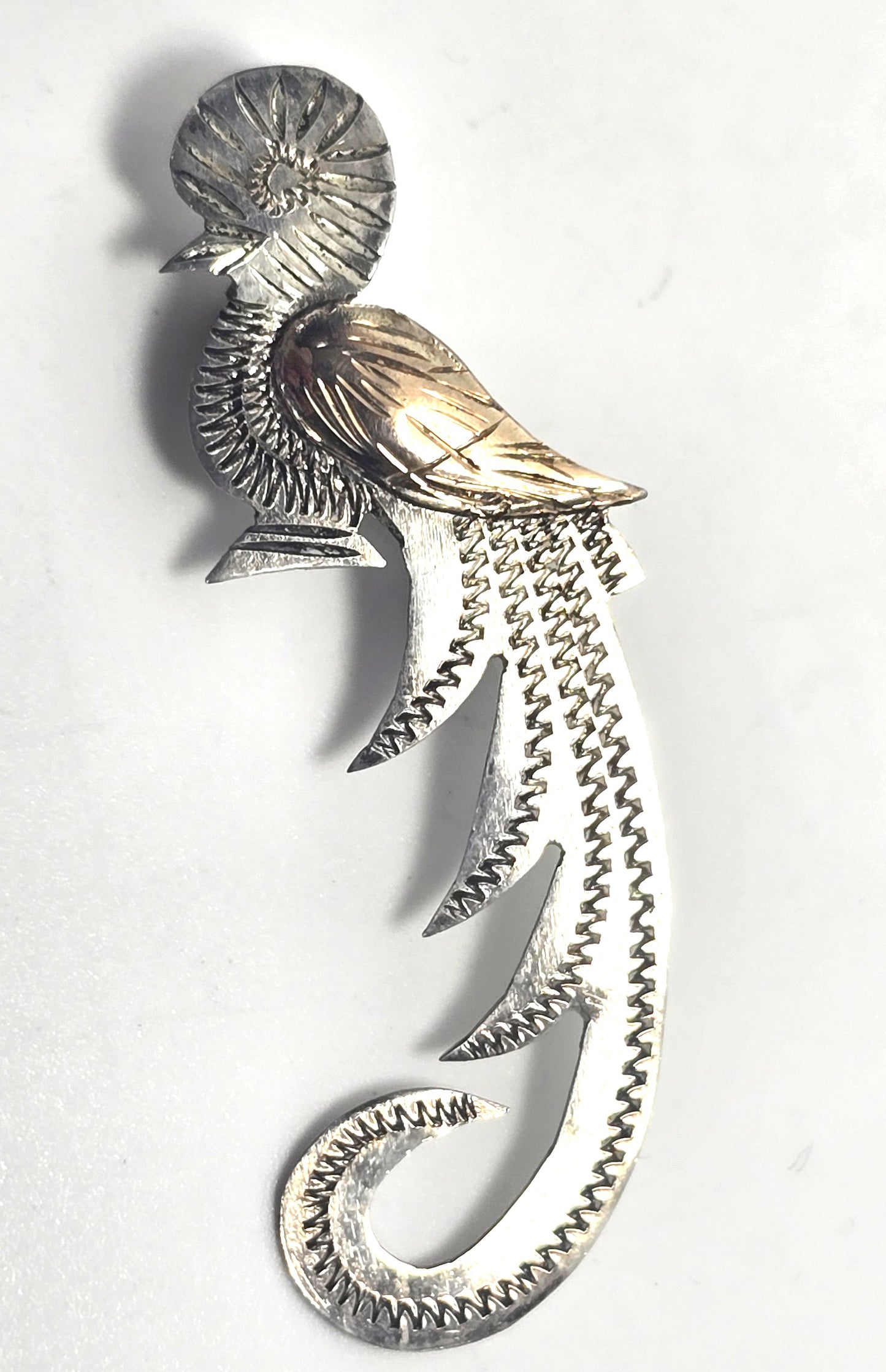 Quetzal Guatemala Bird etched vintage sterling silver two tone brooch