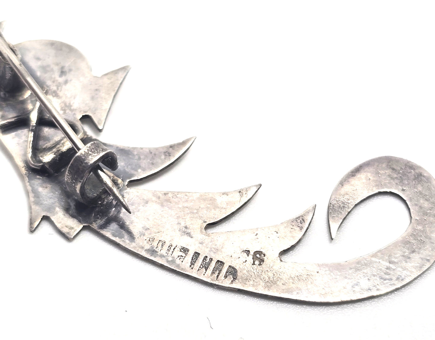 Quetzal Guatemala Bird etched vintage sterling silver two tone brooch