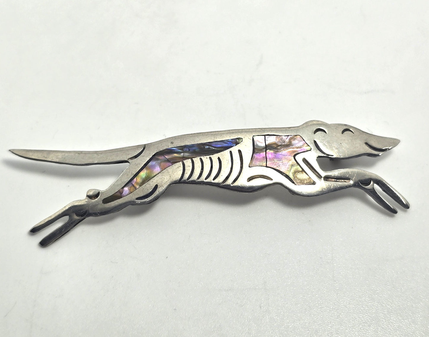 Abalone Greyhound dog Mexican running sterling silver vintage dog brooch