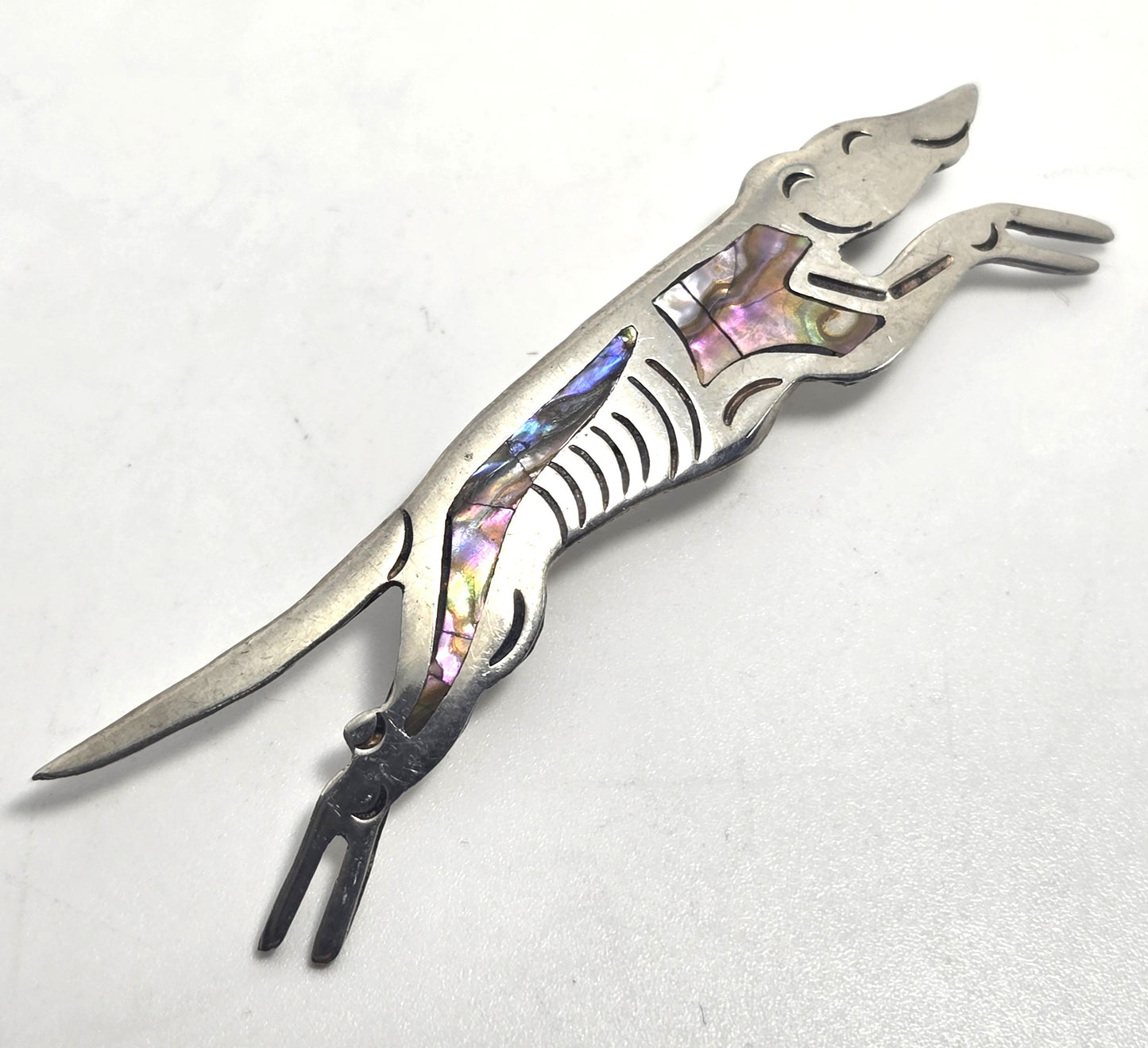 Abalone Greyhound dog Mexican running sterling silver vintage dog brooch