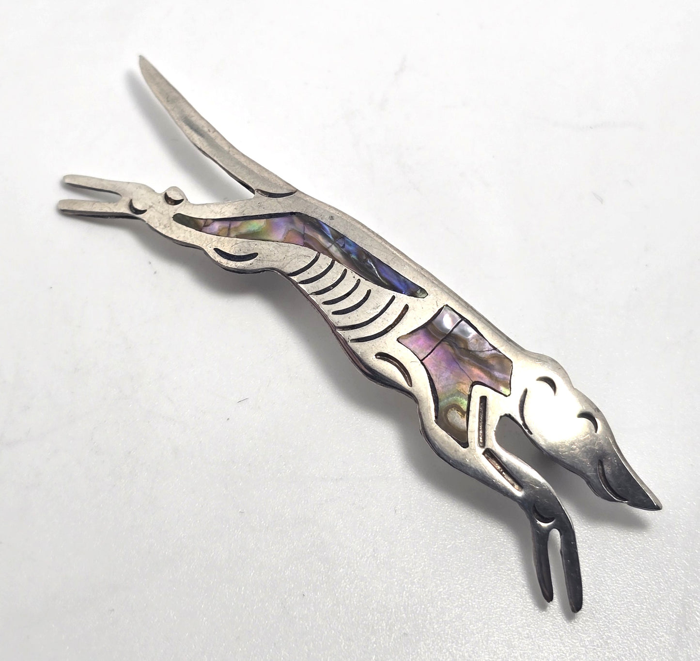 Abalone Greyhound dog Mexican running sterling silver vintage dog brooch