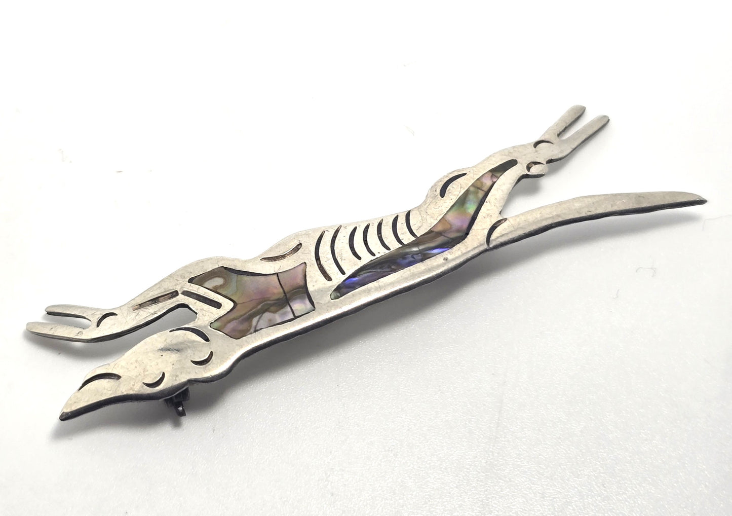 Abalone Greyhound dog Mexican running sterling silver vintage dog brooch