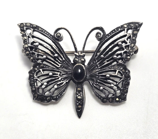 Butterfly black onyx and marcasite sterling silver filigree brooch
