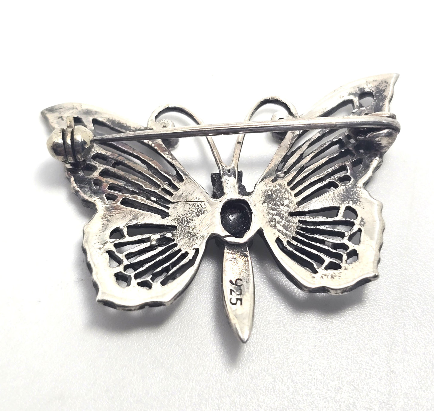 Butterfly black onyx and marcasite sterling silver filigree brooch