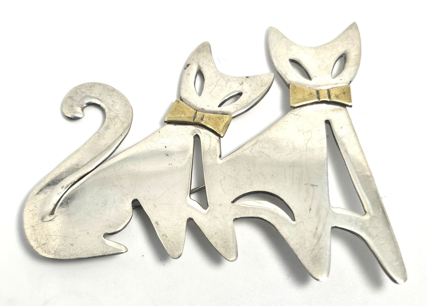 Taxco Mexican Double Kitty bow Large vintage brass sterling silver pendant brooch