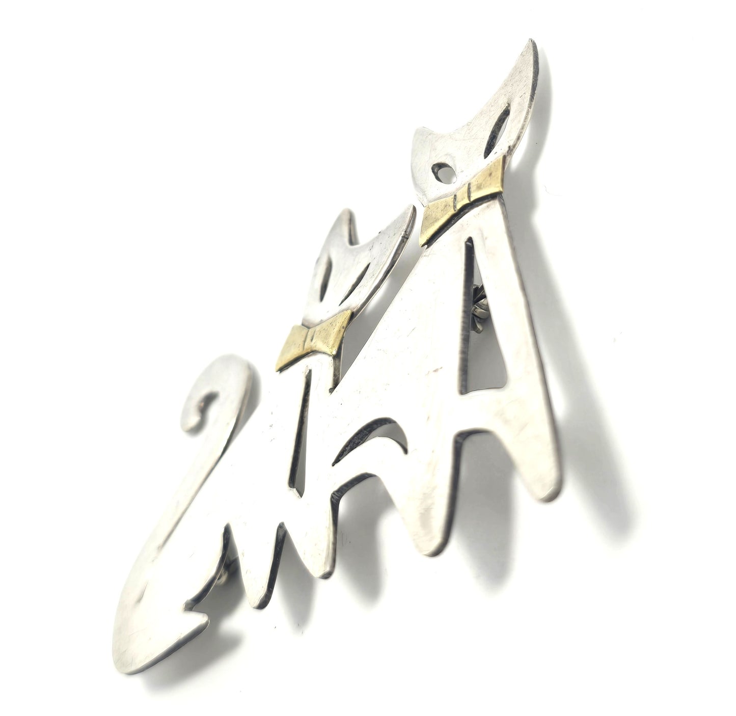 Taxco Mexican Double Kitty bow Large vintage brass sterling silver pendant brooch