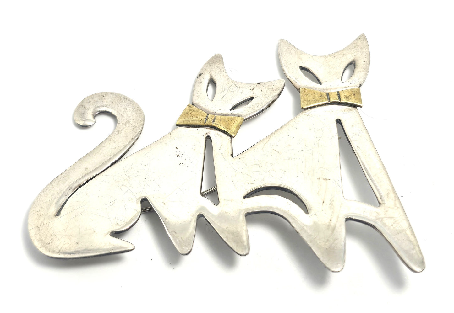 Taxco Mexican Double Kitty bow Large vintage brass sterling silver pendant brooch
