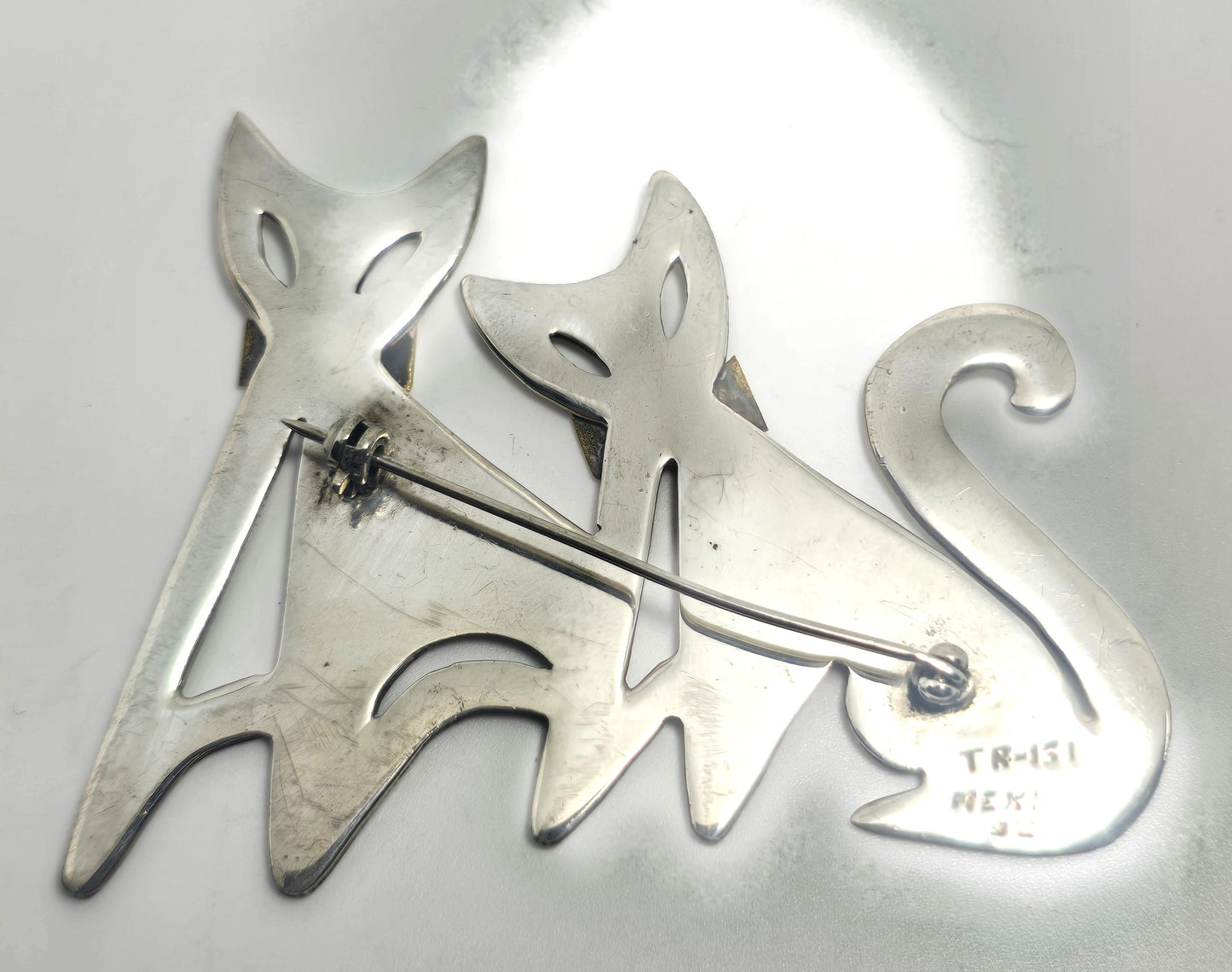 Taxco Mexican Double Kitty bow Large vintage brass sterling silver pendant brooch