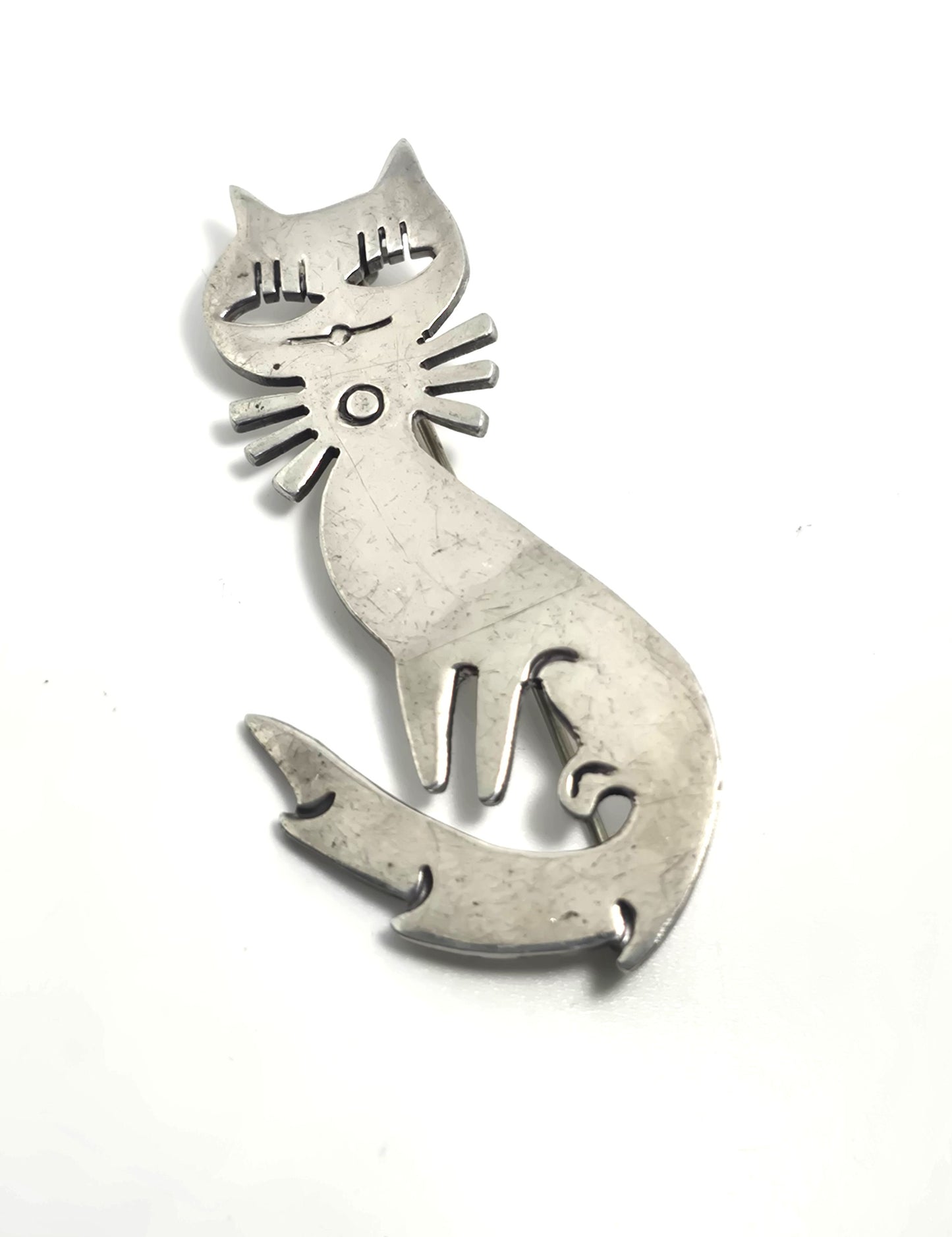 Mexico Taxco Sassy Kitty Cat open work vintage sterling silver feline brooch