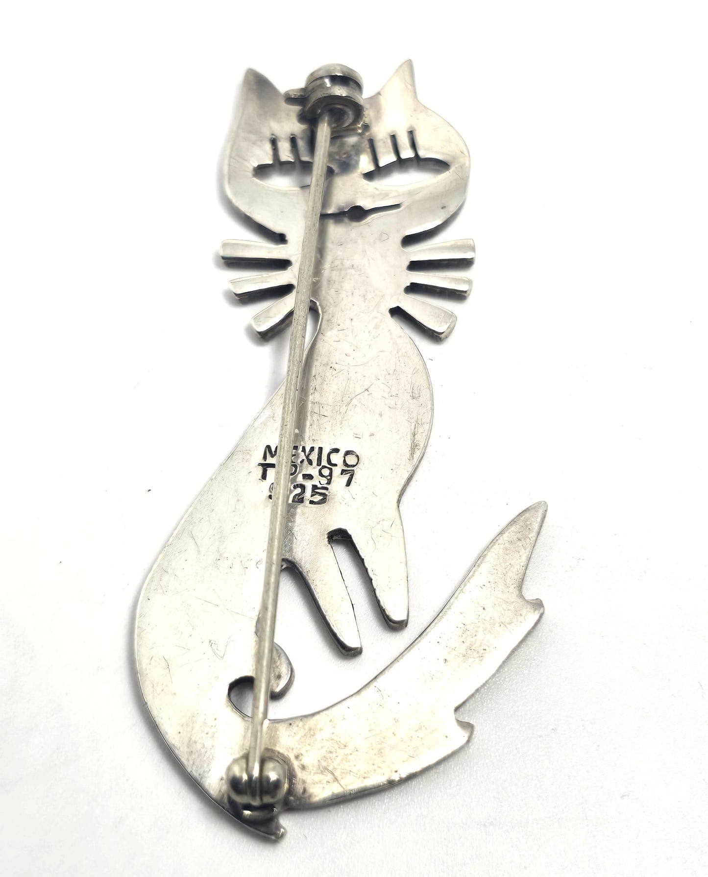 Mexico Taxco Sassy Kitty Cat open work vintage sterling silver feline brooch