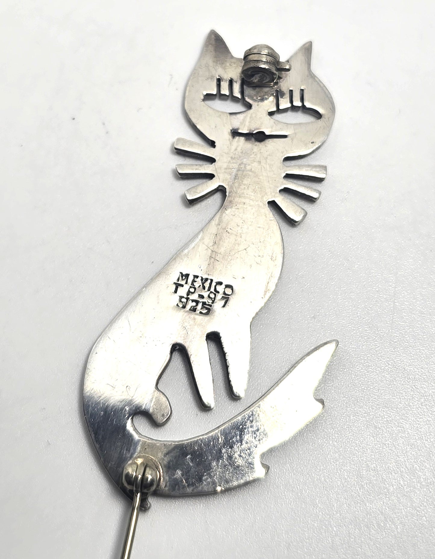 Mexico Taxco Sassy Kitty Cat open work vintage sterling silver feline brooch