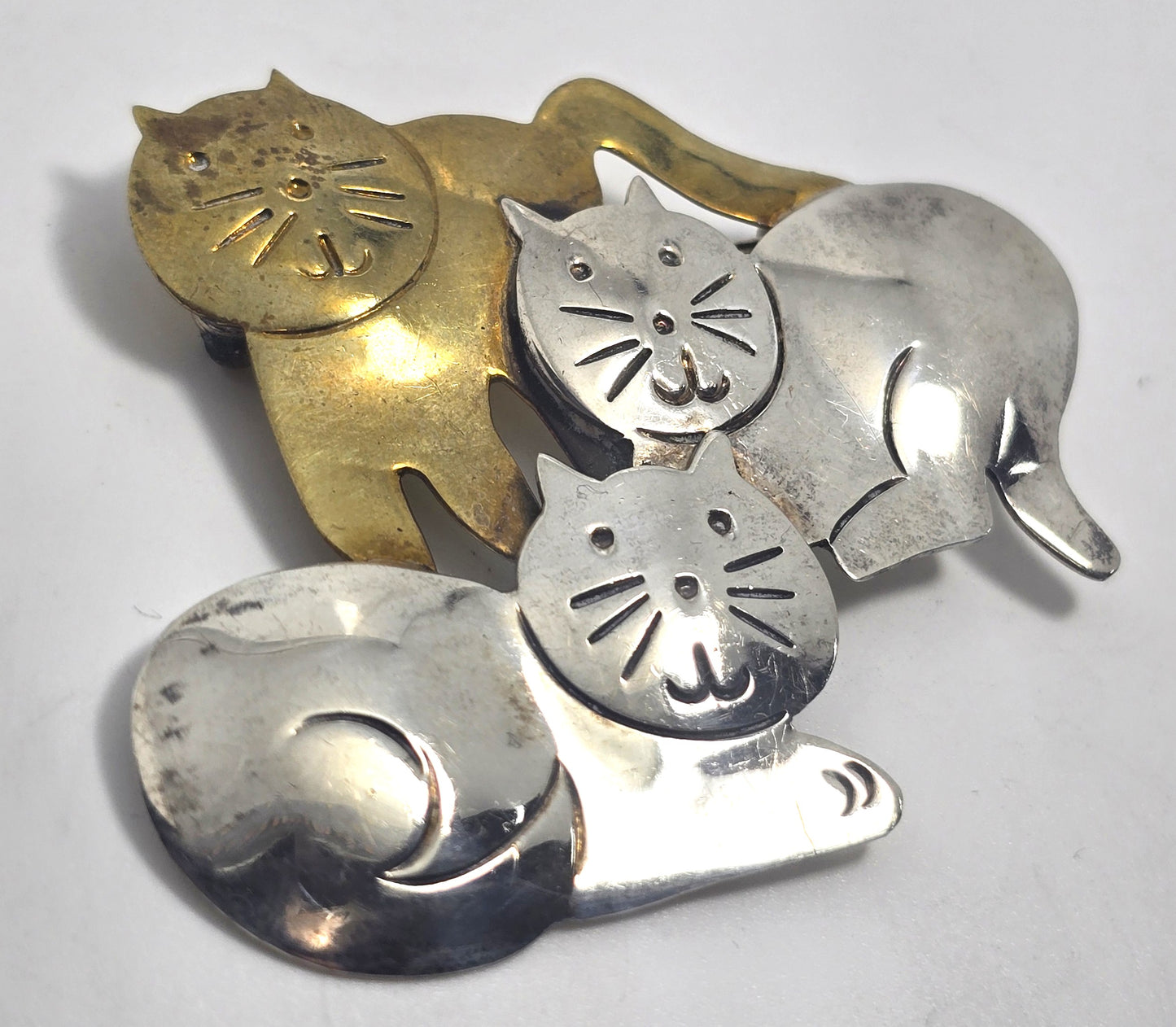 Taxco Mexican Triple Kitty large vintage brass sterling silver brooch