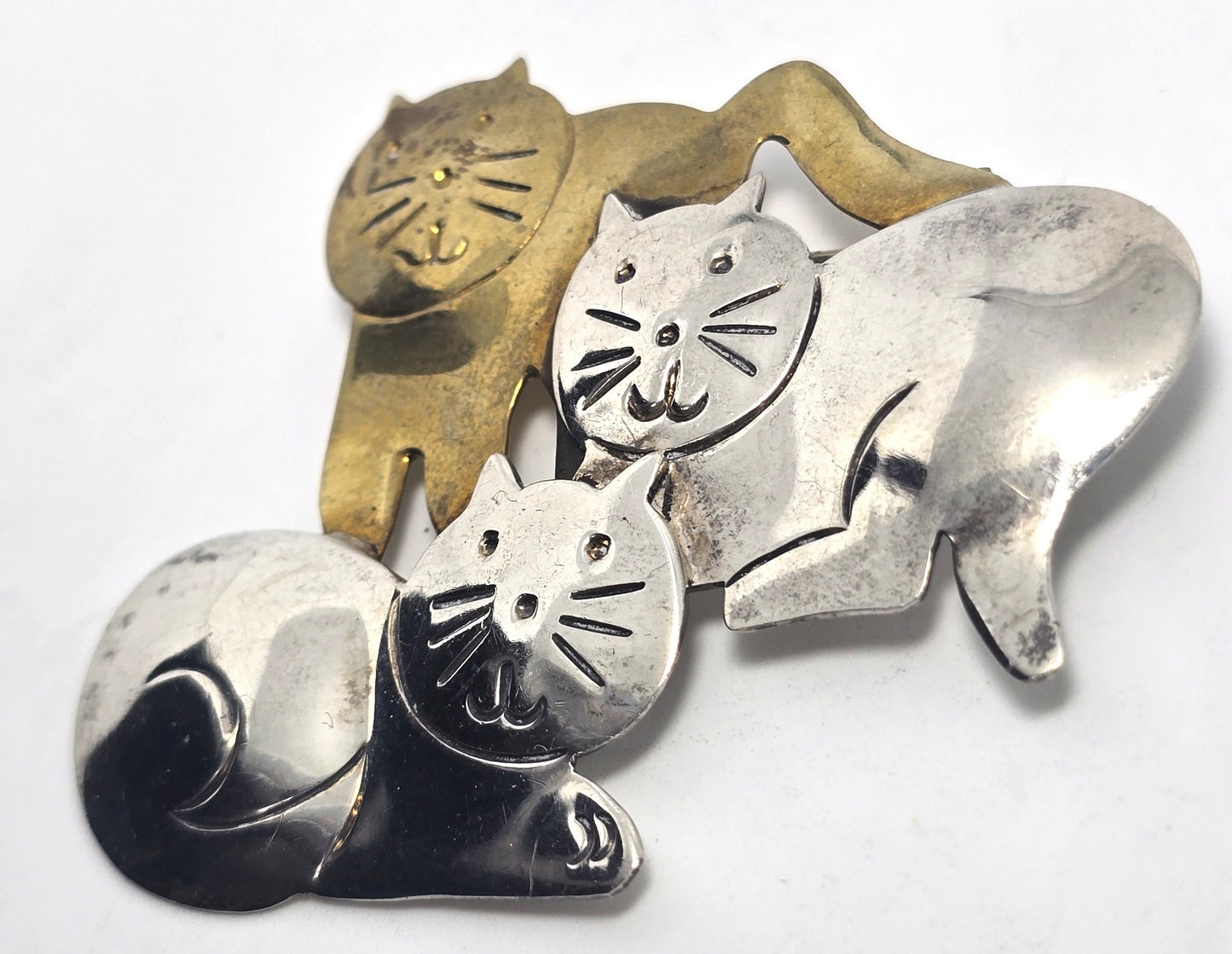 Taxco Mexican Triple Kitty large vintage brass sterling silver brooch