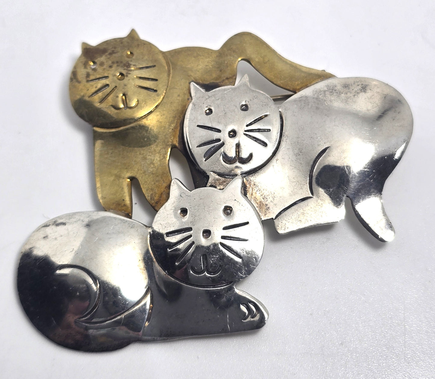 Taxco Mexican Triple Kitty large vintage brass sterling silver brooch