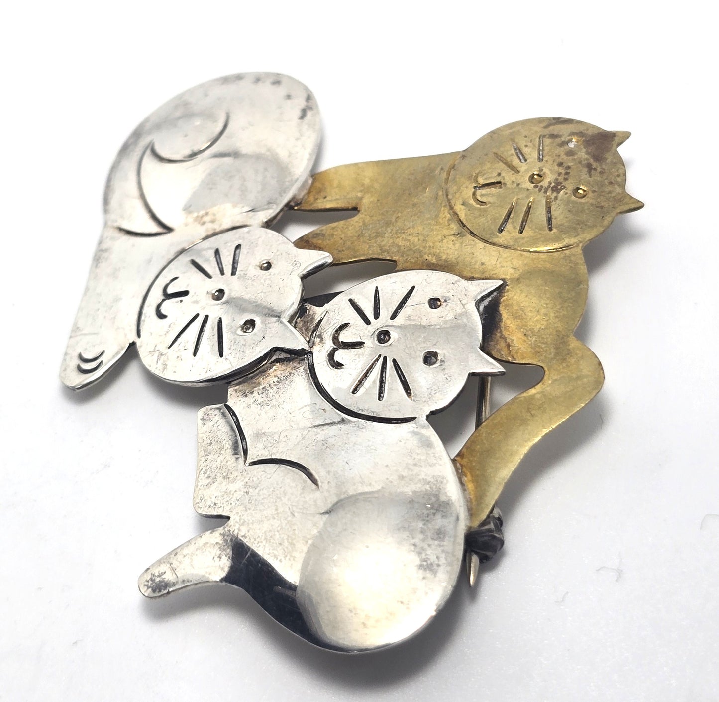 Taxco Mexican Triple Kitty large vintage brass sterling silver brooch
