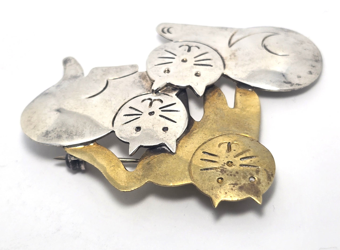 Taxco Mexican Triple Kitty large vintage brass sterling silver brooch