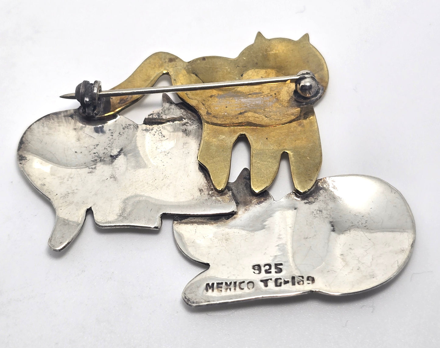 Taxco Mexican Triple Kitty large vintage brass sterling silver brooch