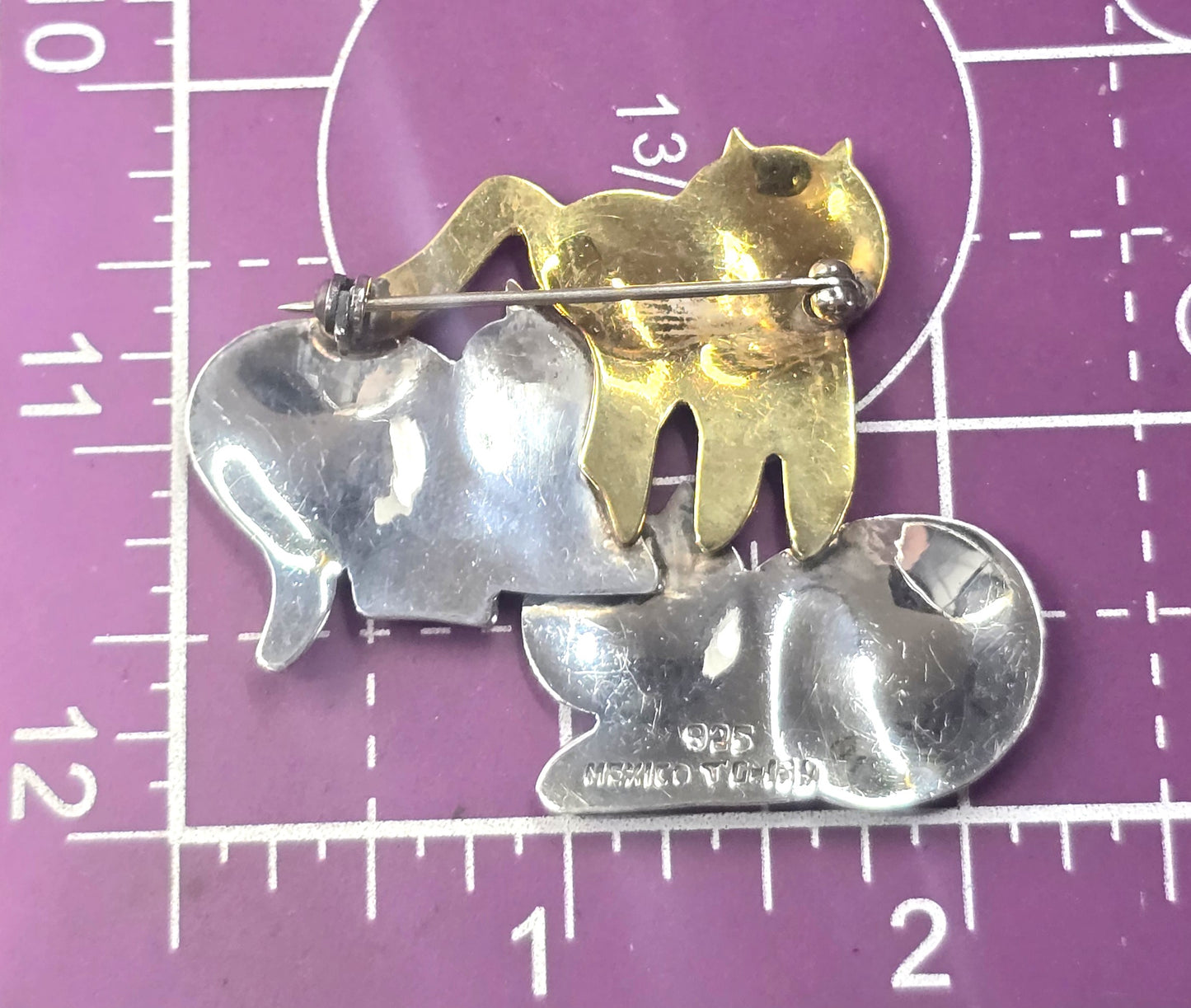 Taxco Mexican Triple Kitty large vintage brass sterling silver brooch