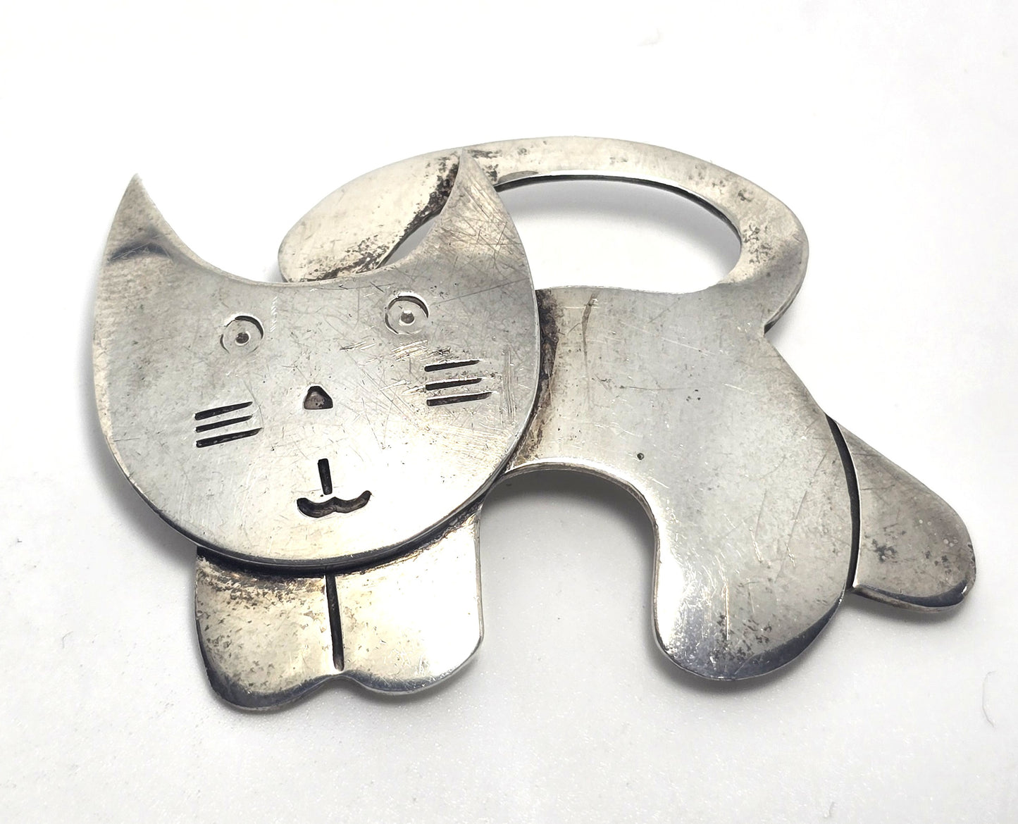 Modernist chunky thick mid century cat vintage sterling silver feline brooch