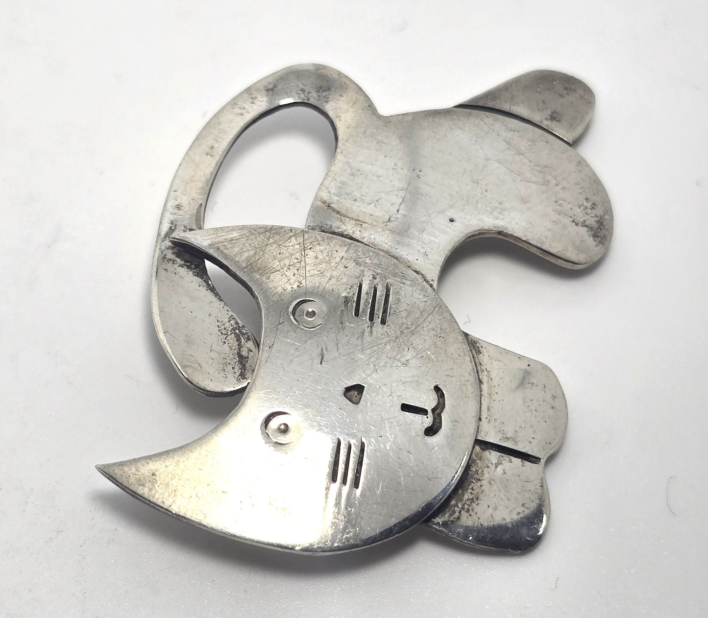 Modernist chunky thick mid century cat vintage sterling silver feline brooch