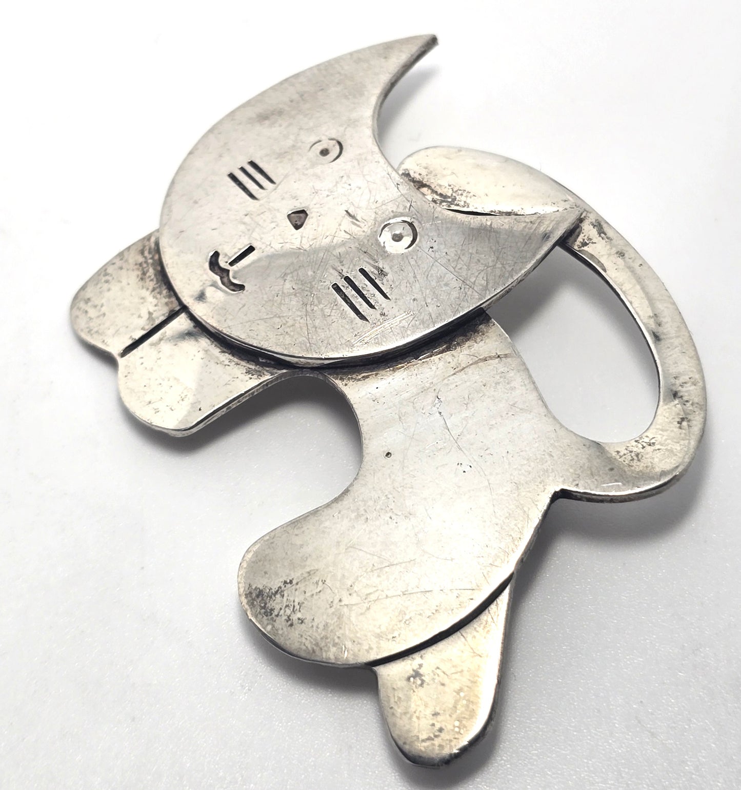 Modernist chunky thick mid century cat vintage sterling silver feline brooch