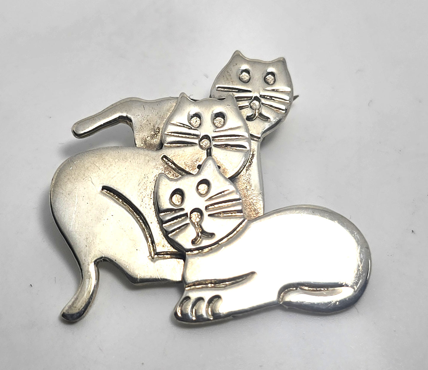 Taxco Mexican Triple Kitty large vintage solid sterling silver brooch