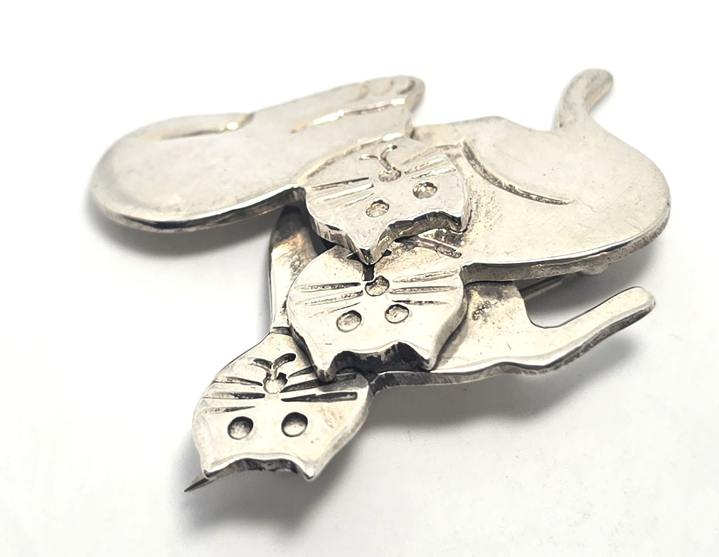 Taxco Mexican Triple Kitty large vintage solid sterling silver brooch