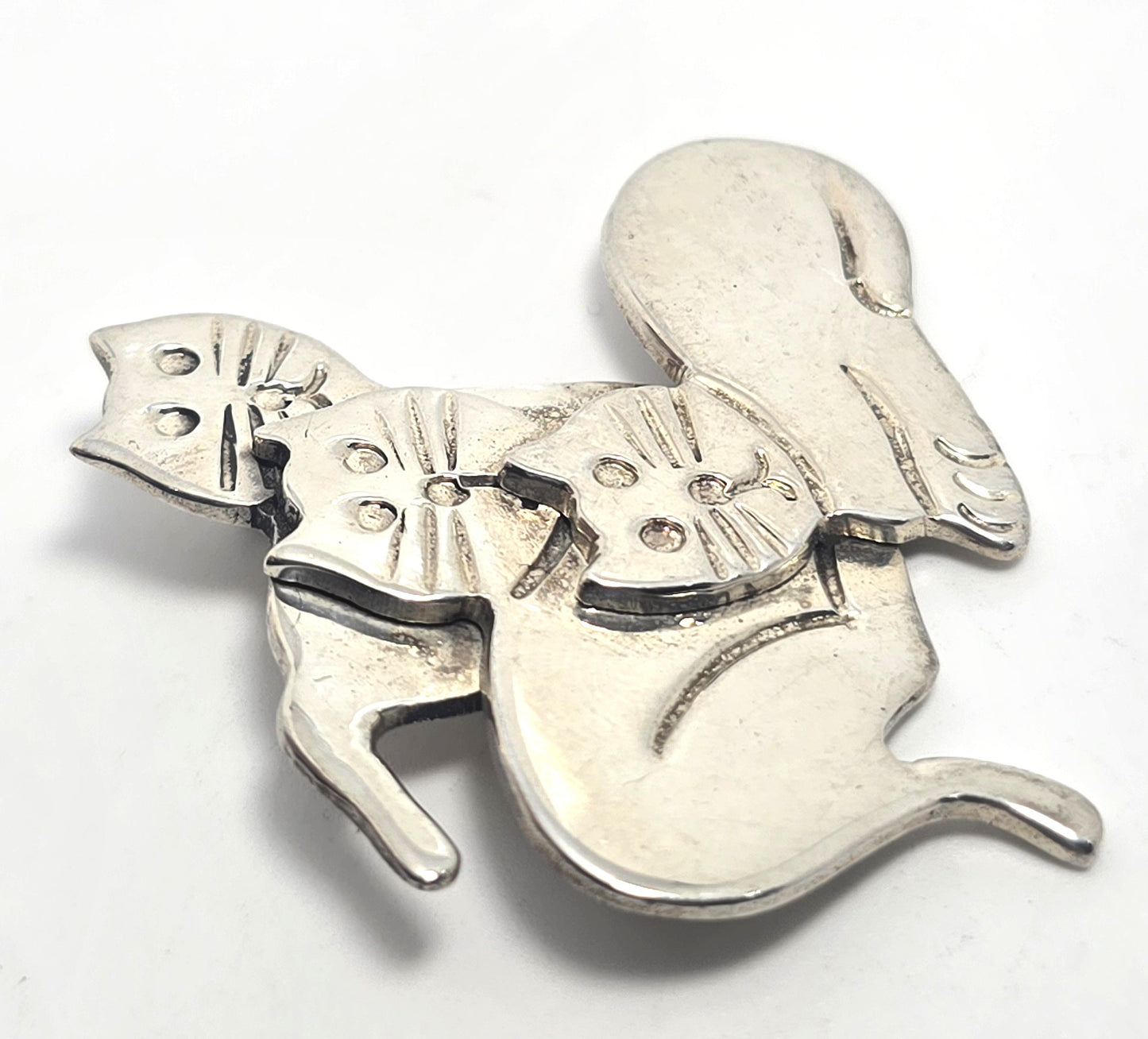 Taxco Mexican Triple Kitty large vintage solid sterling silver brooch
