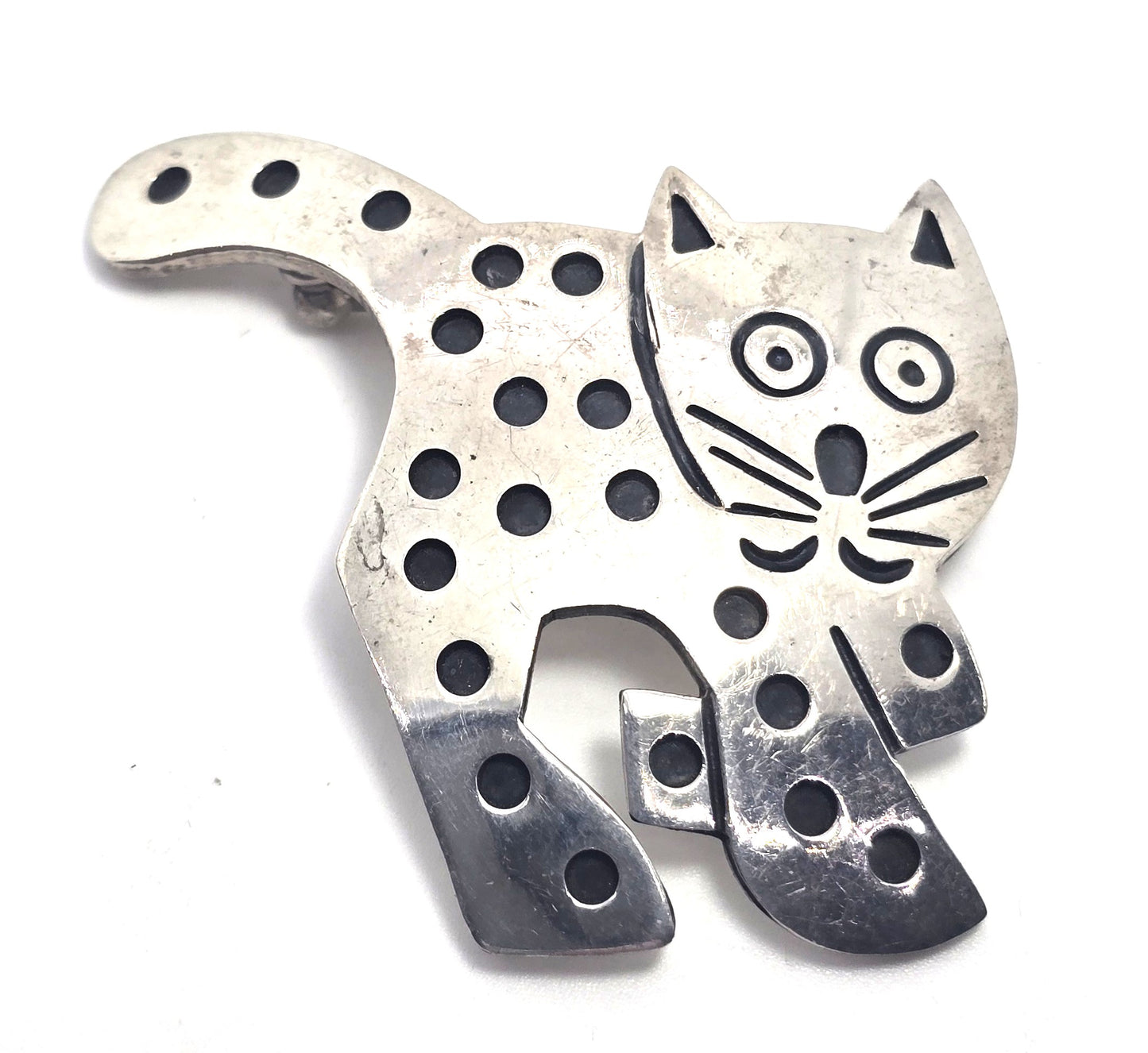 Modernist spotted chunky mid century cat vintage sterling silver feline brooch