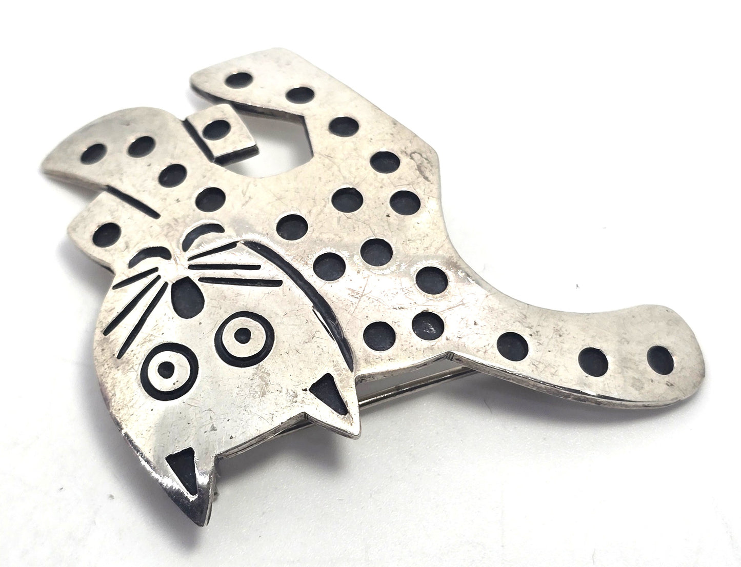 Modernist spotted chunky mid century cat vintage sterling silver feline brooch