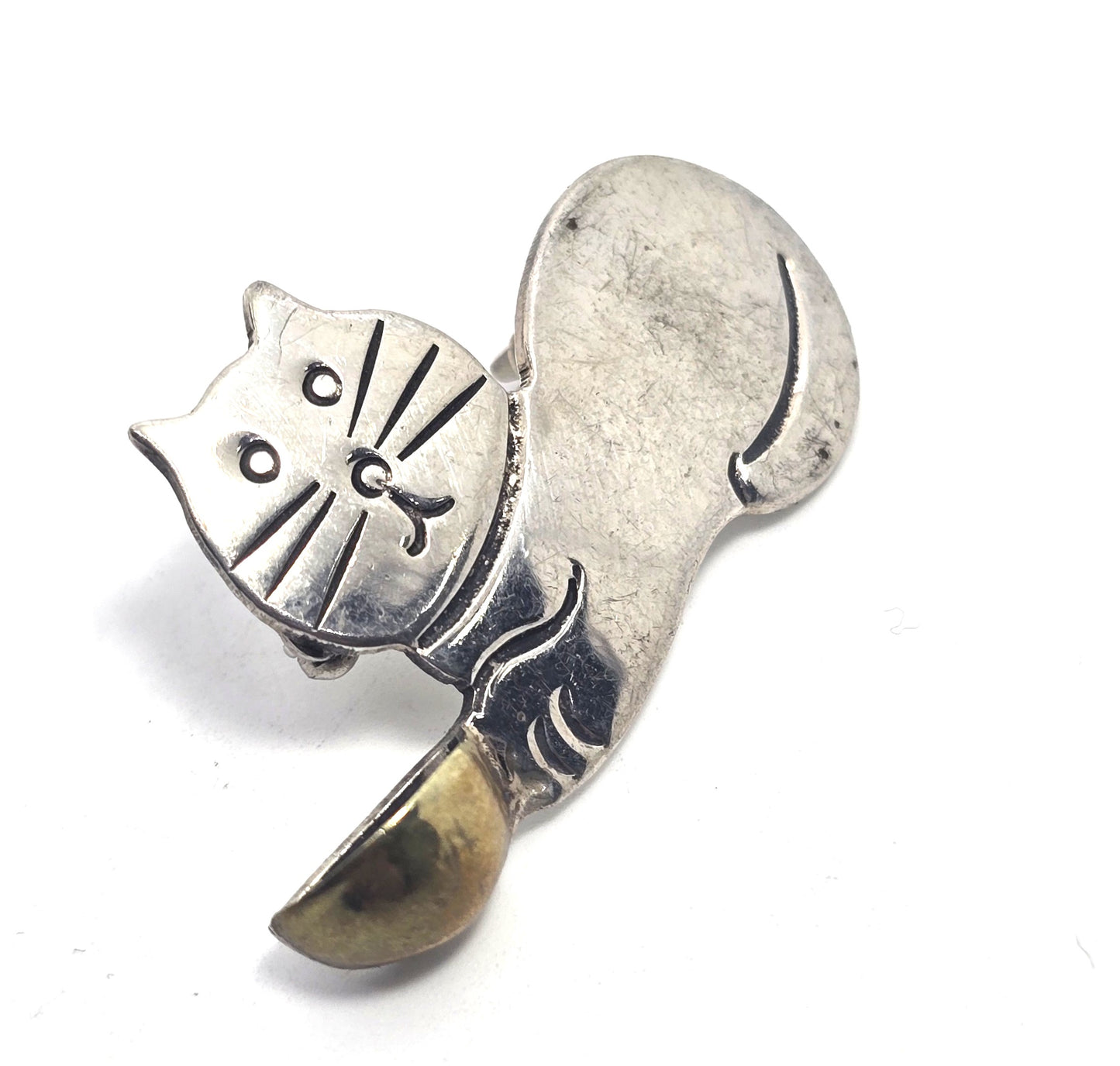 Taxco Mexican hungry kitty vintage sterling silver vermeil brooch