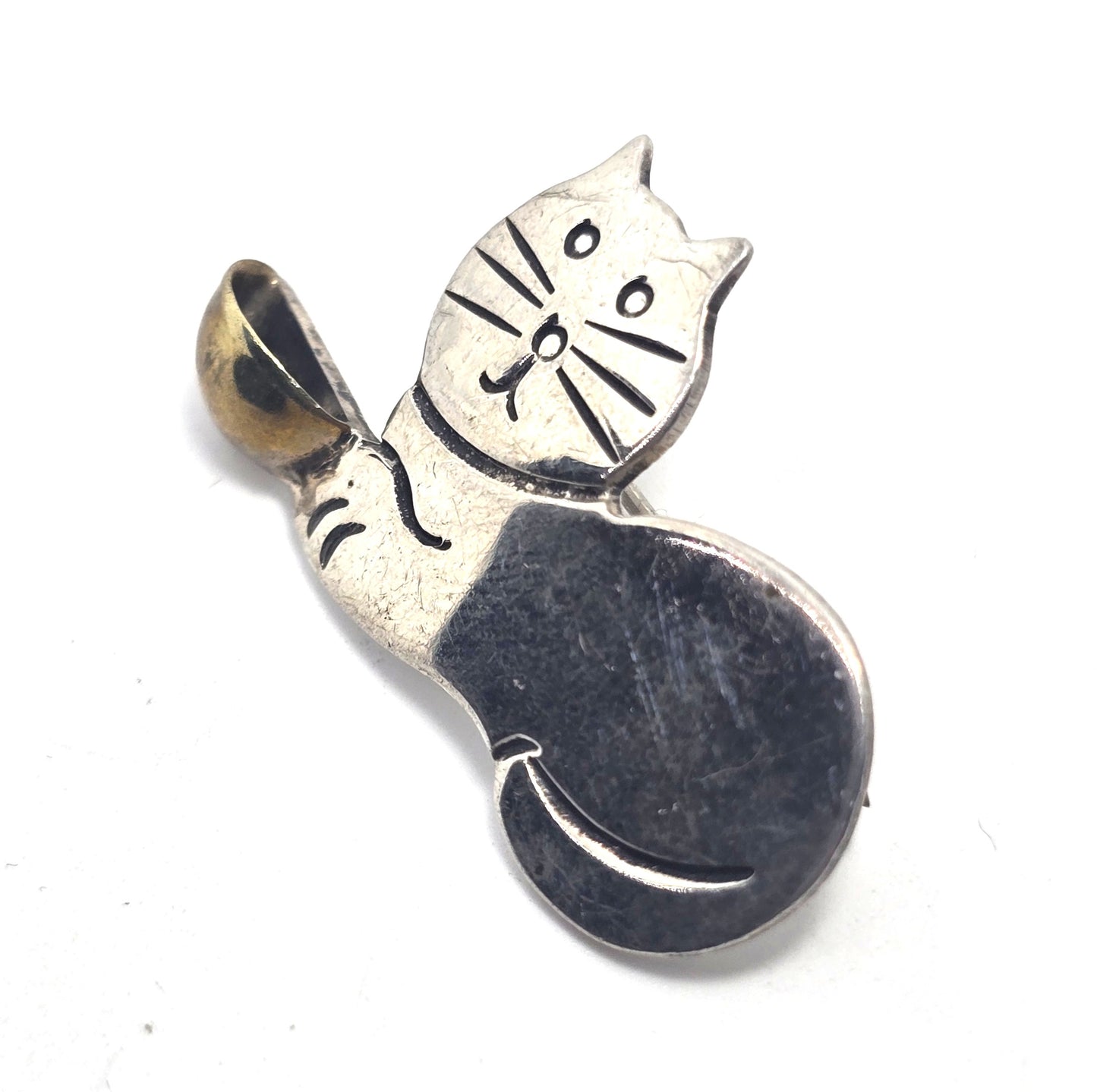 Taxco Mexican hungry kitty vintage sterling silver vermeil brooch