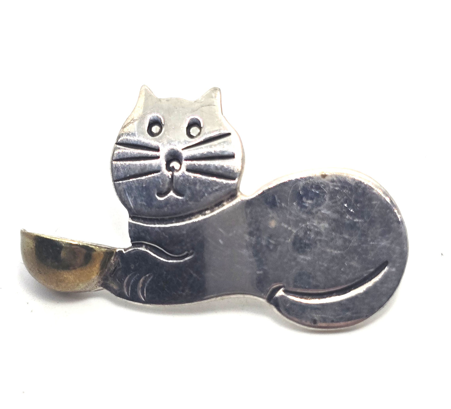 Taxco Mexican hungry kitty vintage sterling silver vermeil brooch