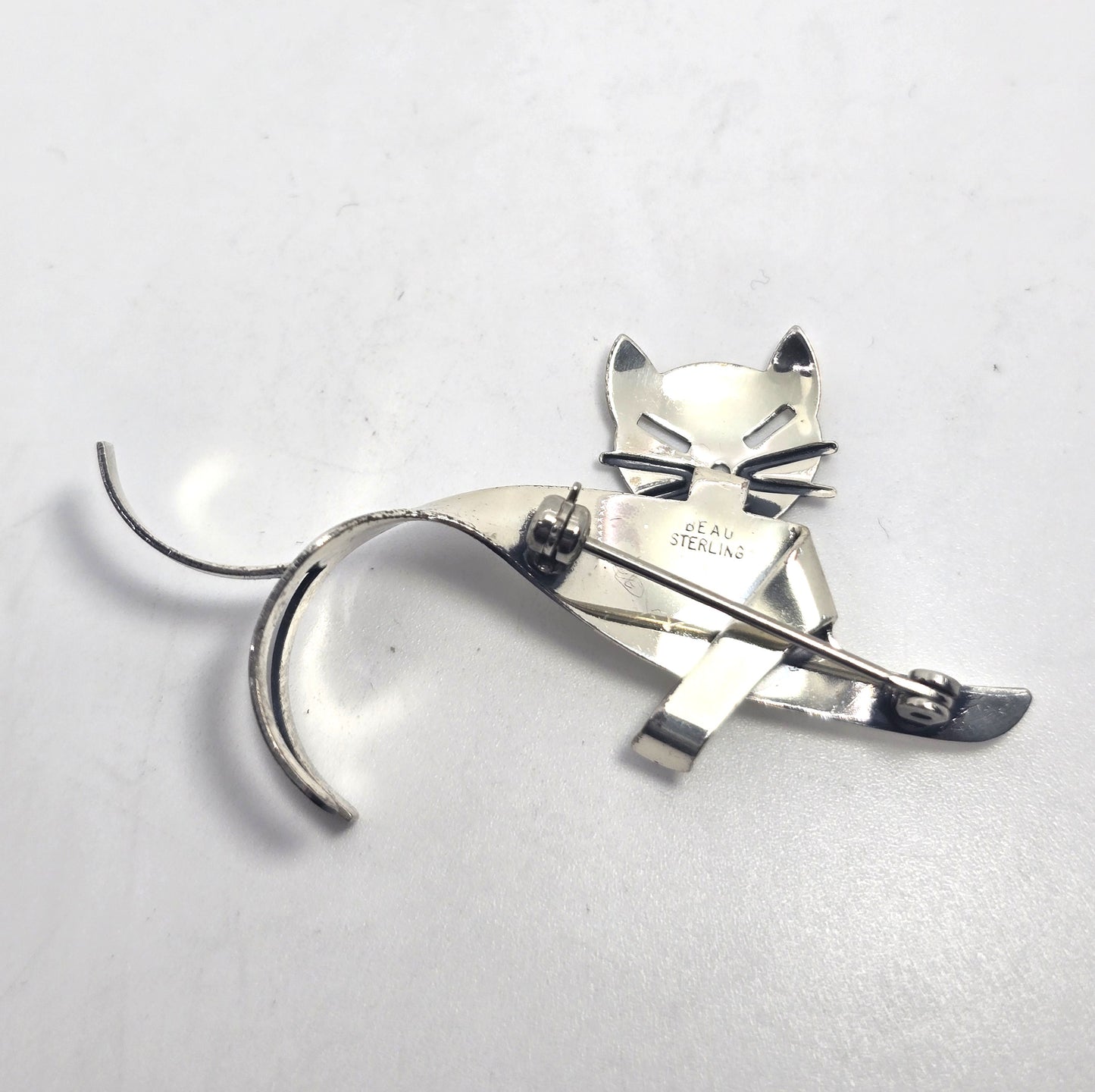 Beau Sterling modernist mid century cat vintage sterling silver articulated brooch