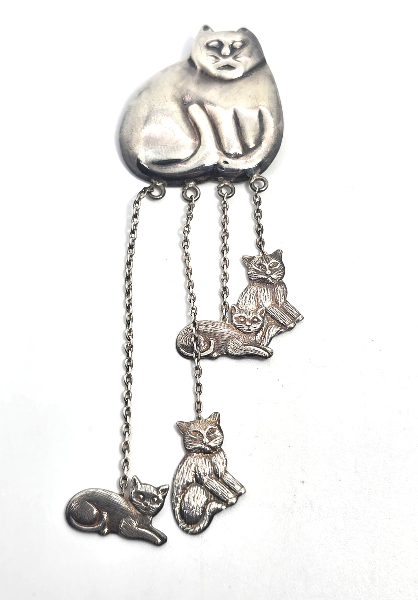 Retro chunky repposse vintage hanging kittens sterling silver feline brooch