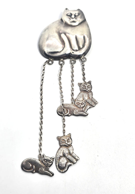 Retro chunky repposse vintage hanging kittens sterling silver feline brooch