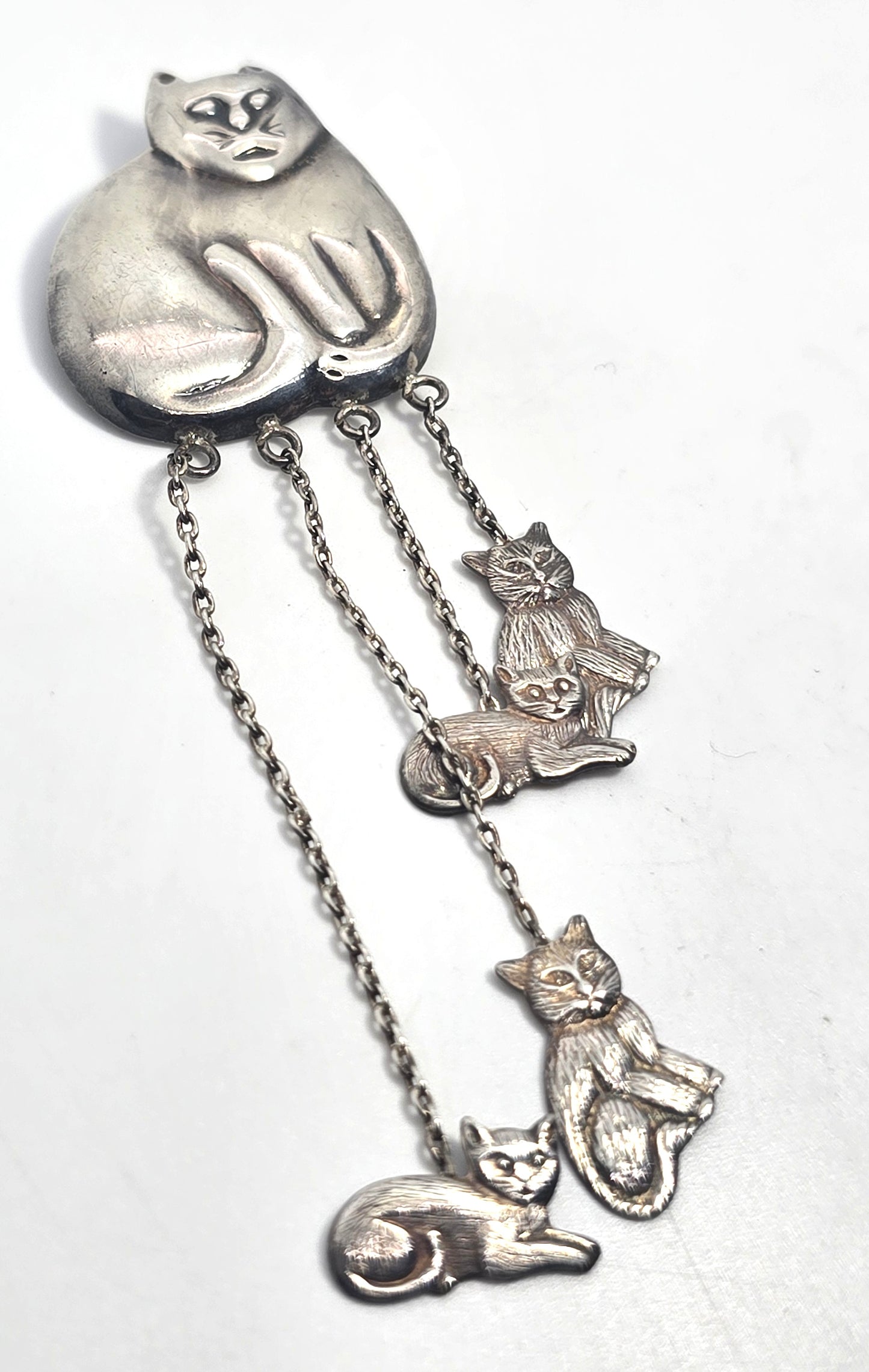 Retro chunky repposse vintage hanging kittens sterling silver feline brooch