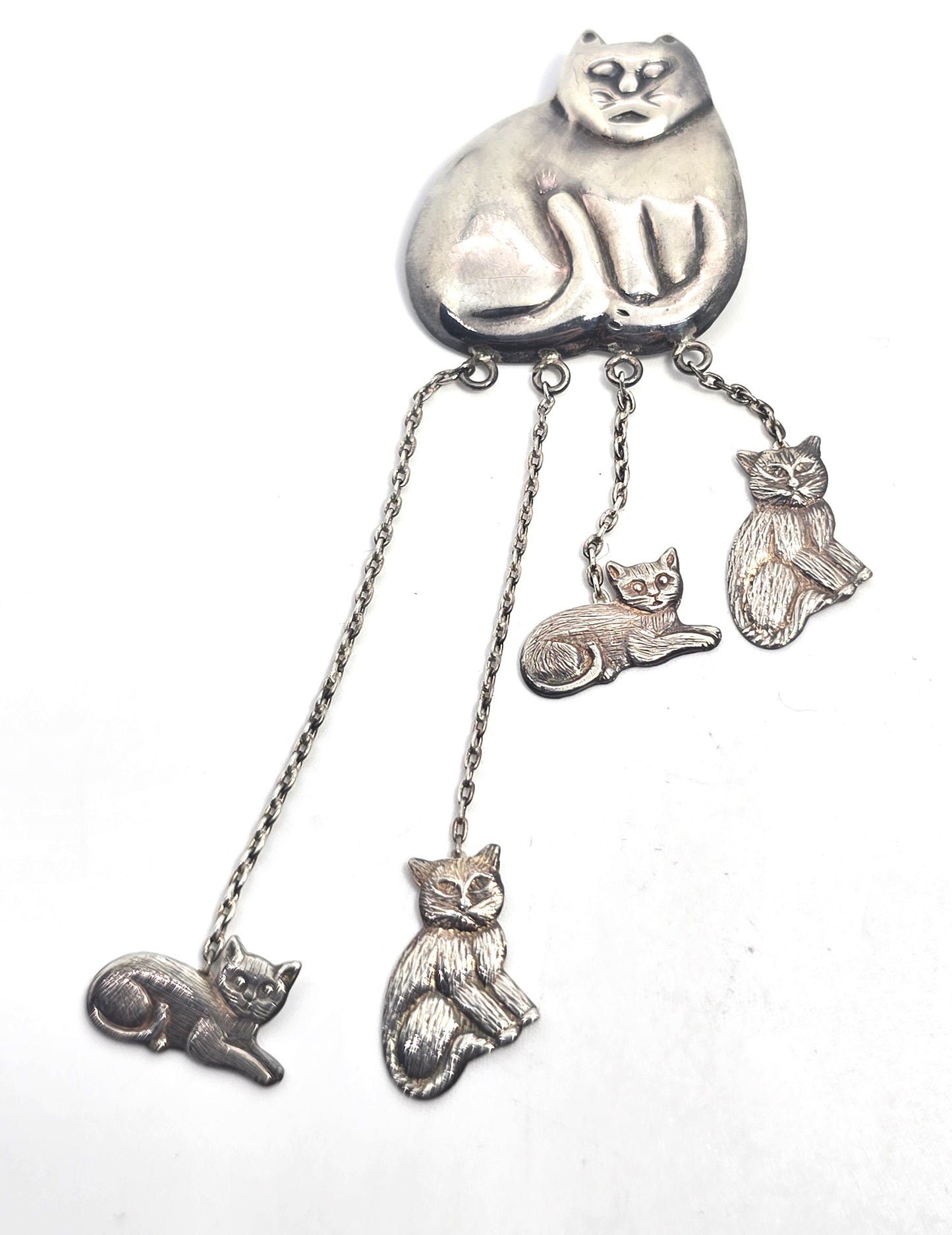 Retro chunky repposse vintage hanging kittens sterling silver feline brooch