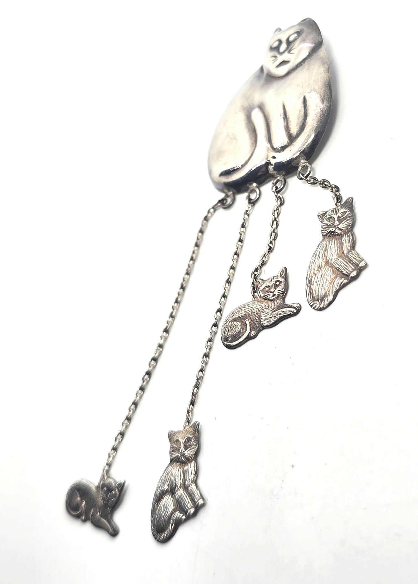 Retro chunky repposse vintage hanging kittens sterling silver feline brooch