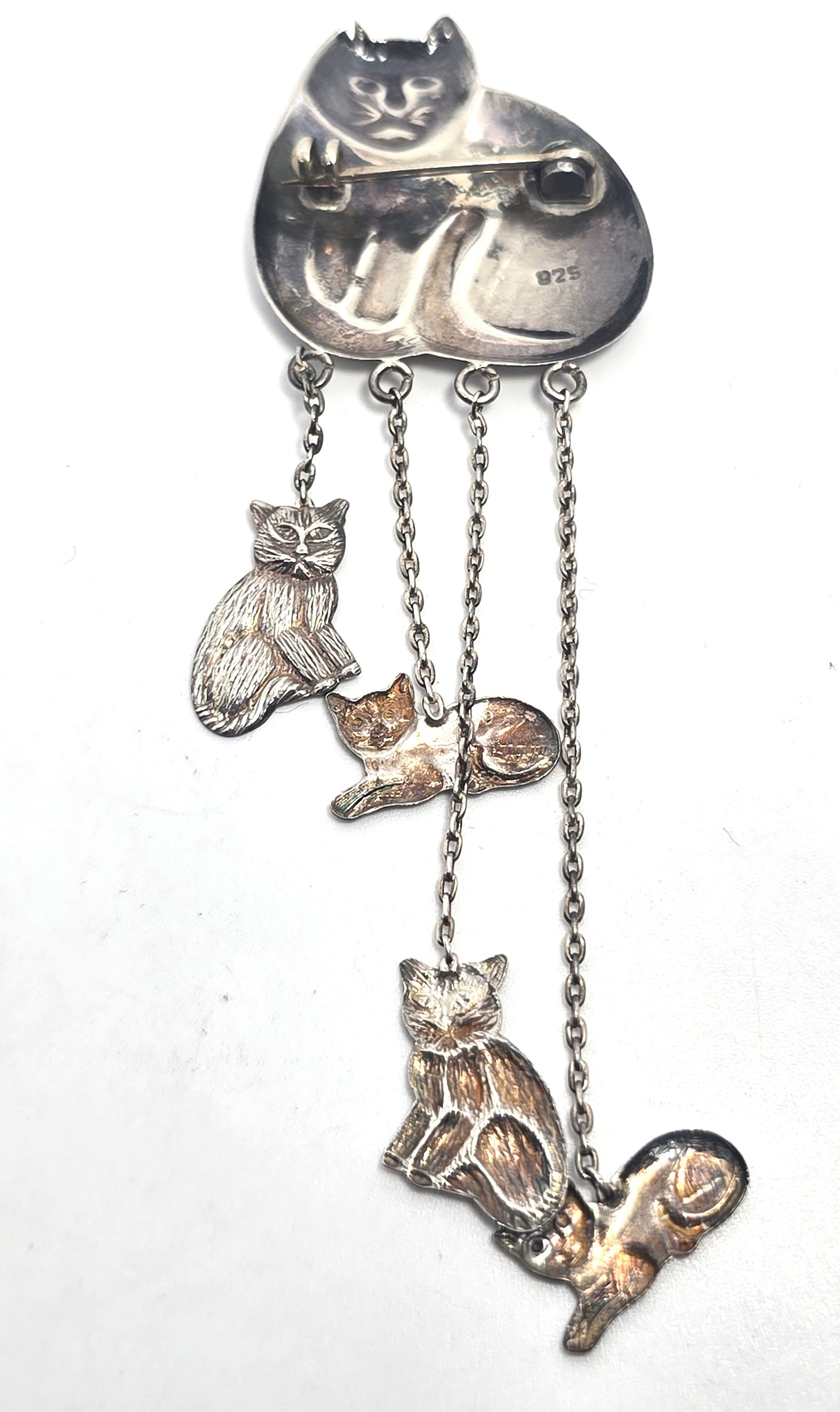 Retro chunky repposse vintage hanging kittens sterling silver feline brooch