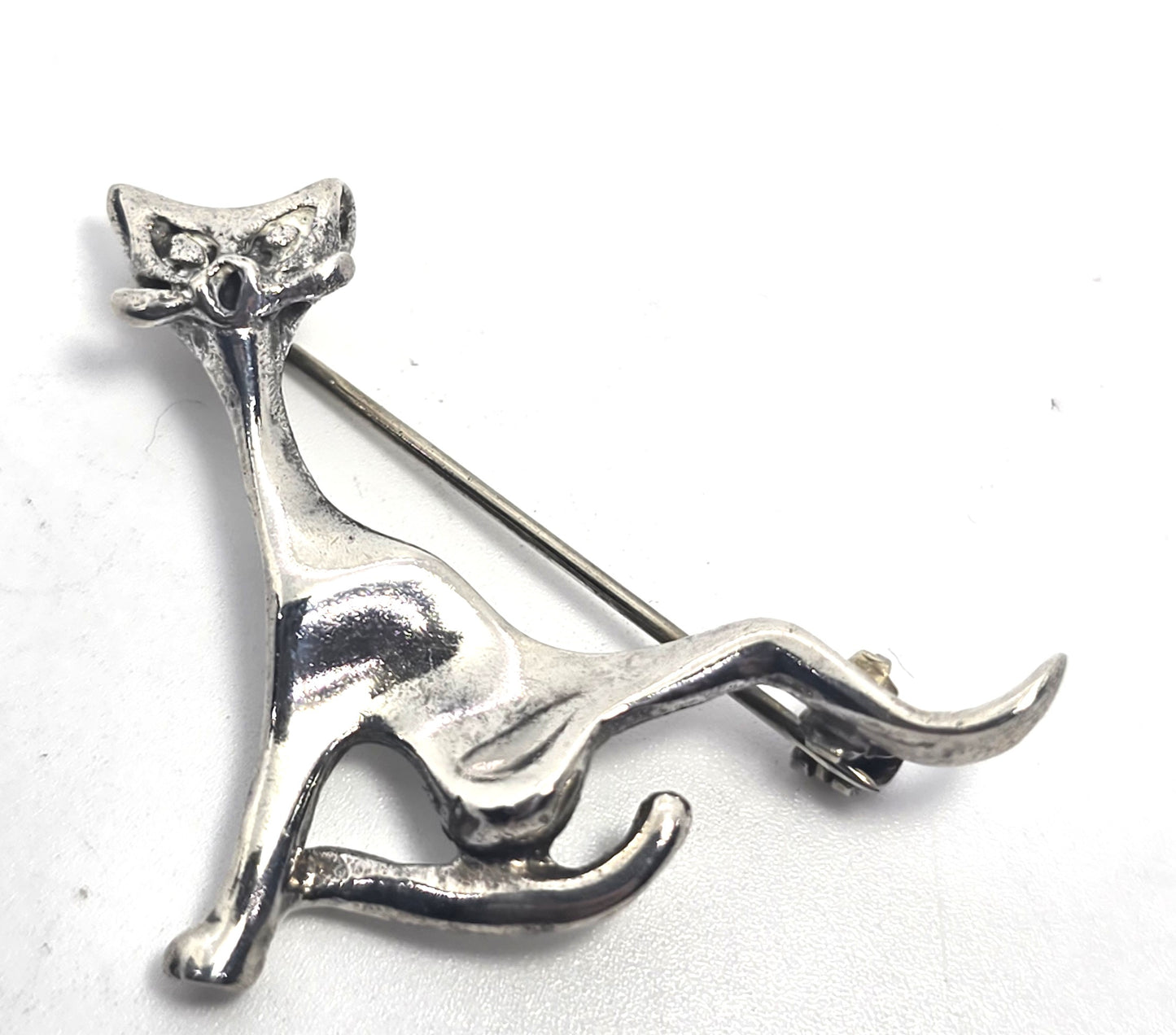 Mexico Taxco lounging kitty cat vintage sterling silver feline brooch