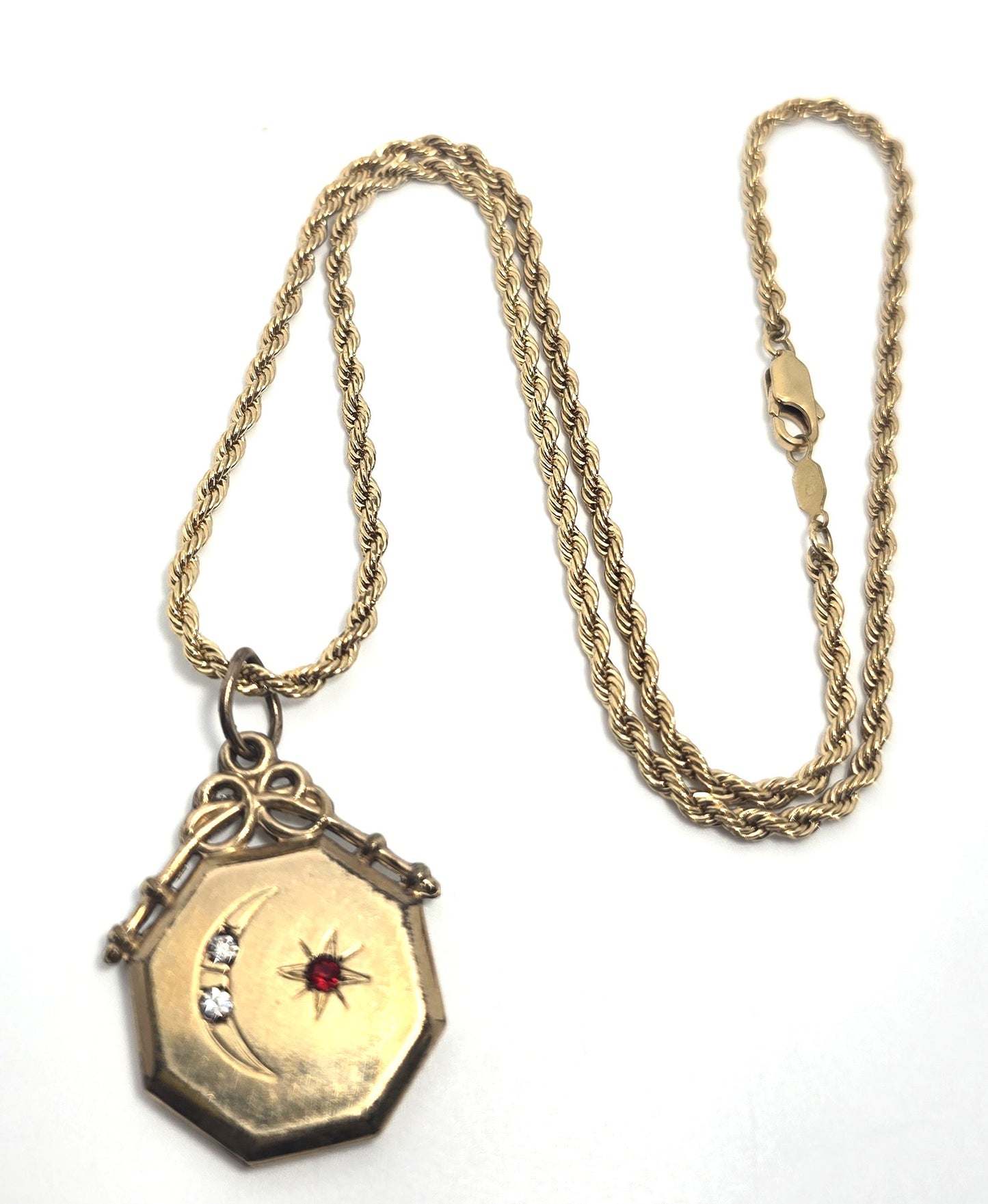 Crescent moon and star celestial etched paste Victorian antique fob necklace