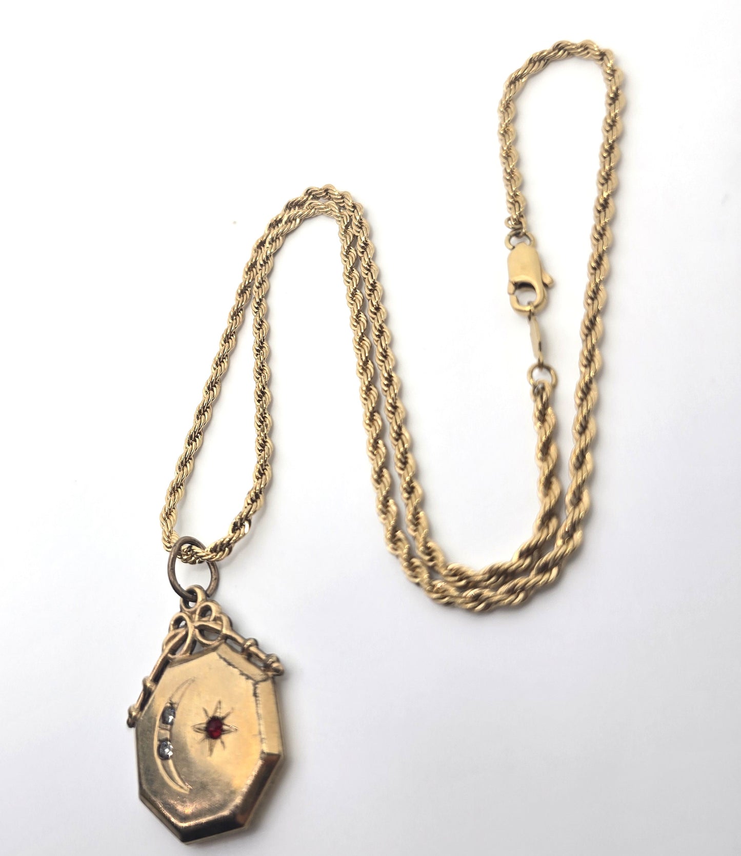 Crescent moon and star celestial etched paste Victorian antique fob necklace