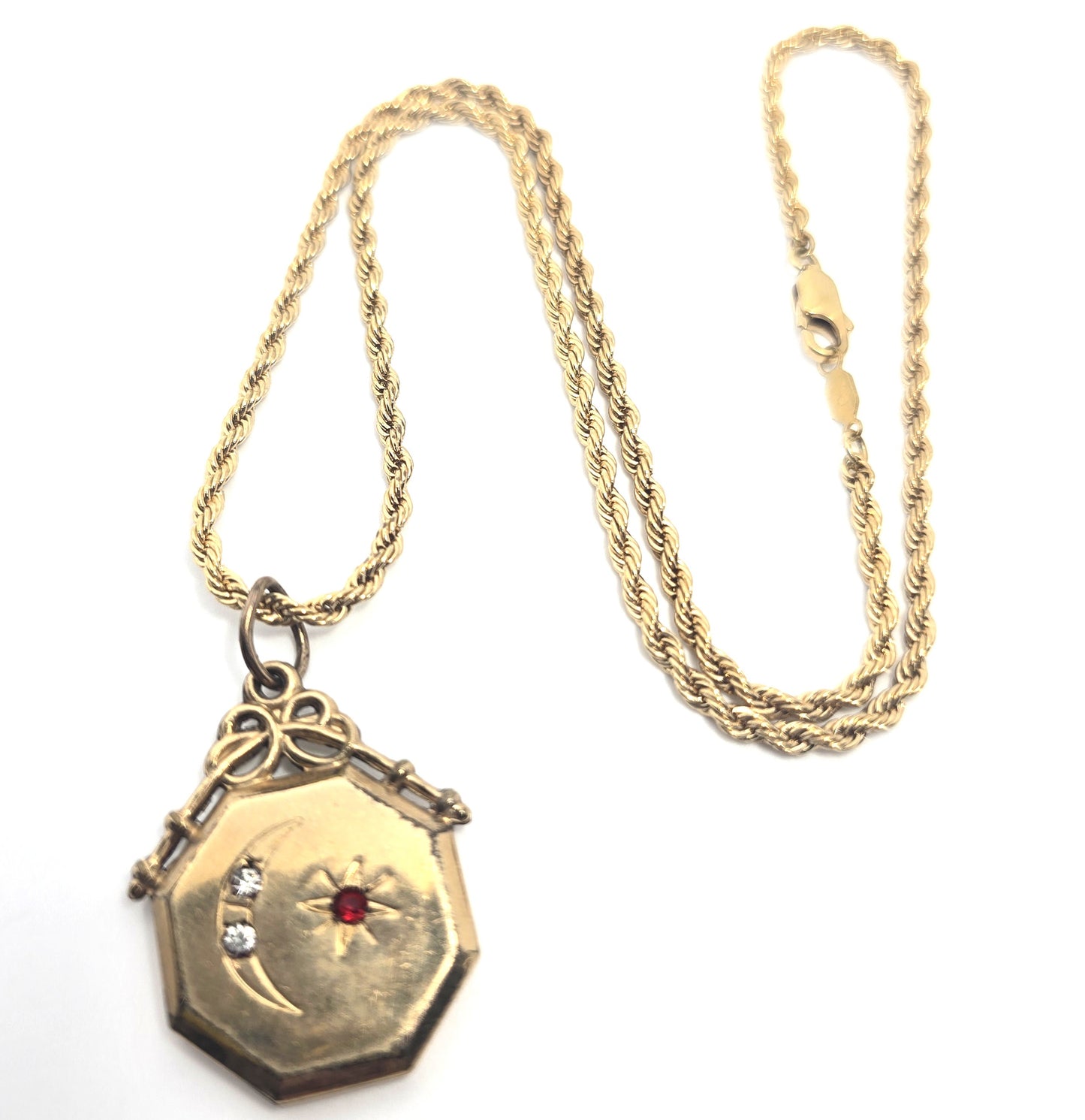 Crescent moon and star celestial etched paste Victorian antique fob necklace