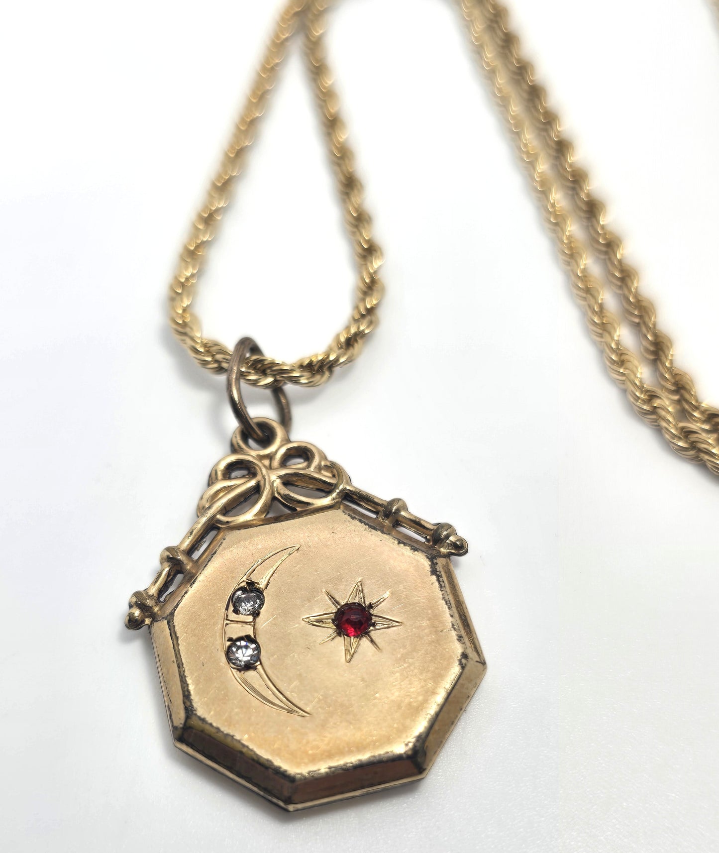 Crescent moon and star celestial etched paste Victorian antique fob necklace