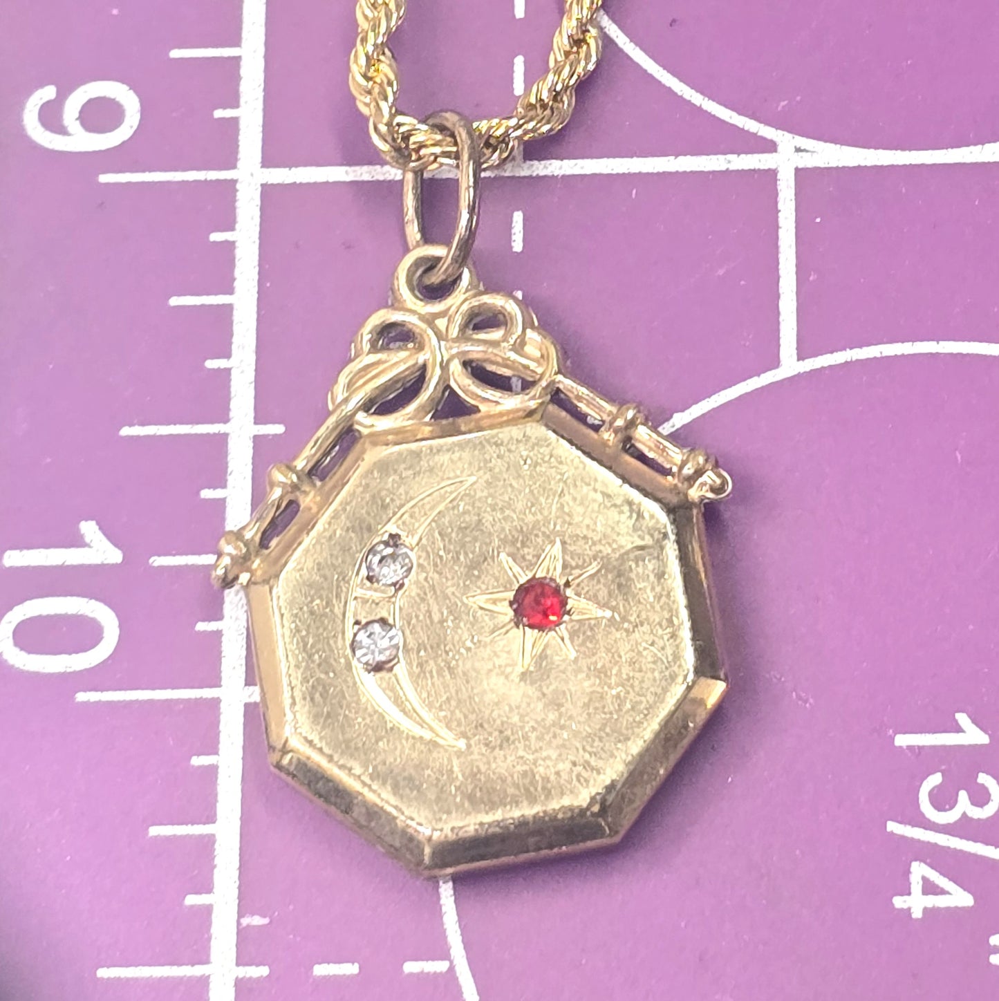 Crescent moon and star celestial etched paste Victorian antique fob necklace