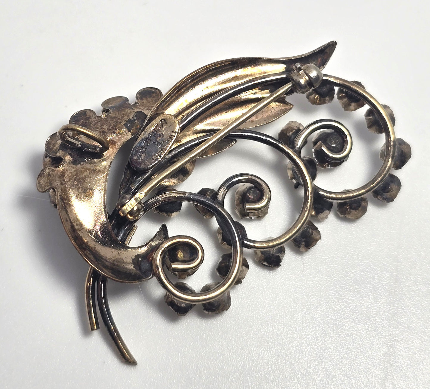 Tru-Kay Victorian Revival 12k gold filled rhinestone vintage brooch pin mid century